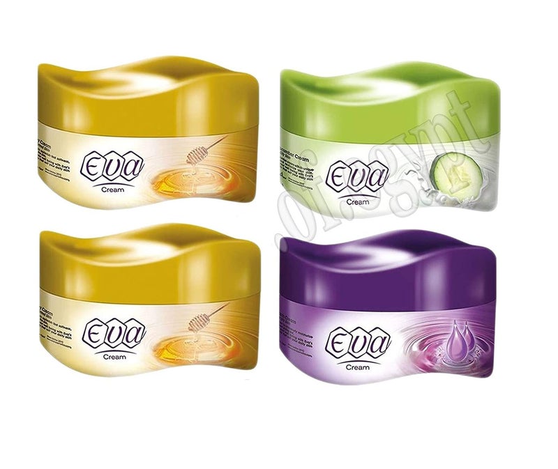 Lot of 4 x Eva Skin Care Cream Face Moisturizer Hands Feet Elbow Body Softening with Glycerin, Honey, Yogurt and Cucumber & Milk Keeping Your Skin Healthy Smoothy 50 g